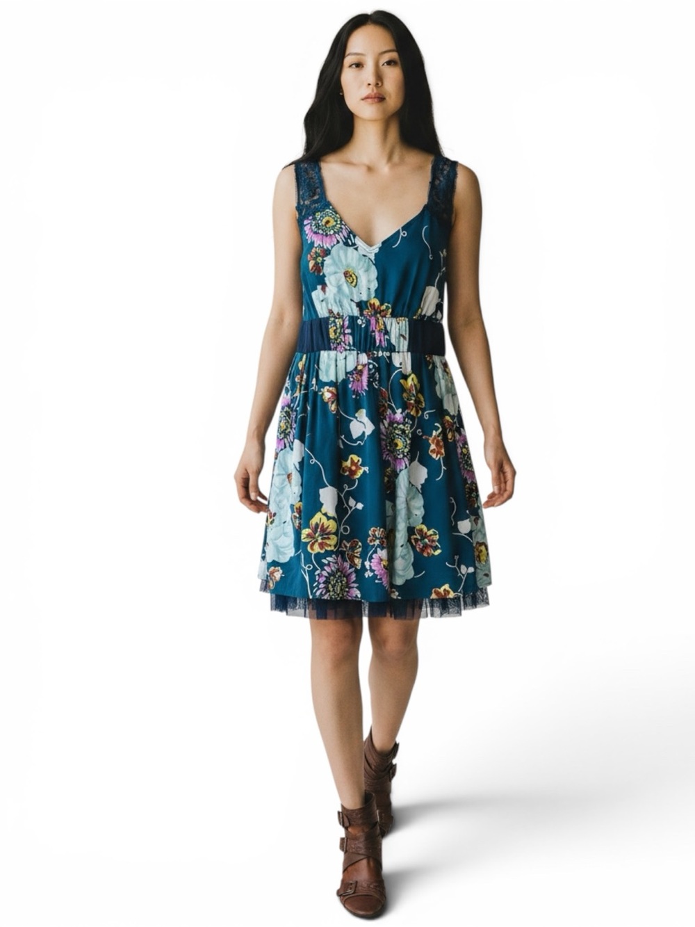 Free People Floral Babydoll Dress Teal Blue Lace Trim Empire Waist Mini Size S/M